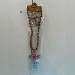 Silver and Pink Cross Necklace and Earring Set